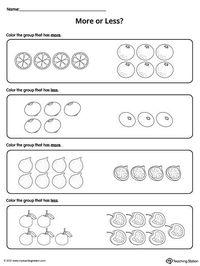 More or Less Worksheet: Color by Amount Worksheet.More or less worksheets with pictures.