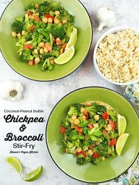 Coconut-Peanut Butter Chickpea and Broccoli Stir-Fry is ready in a manner of minutes, making it the ideal dinner dish for busy weeknights. This easy to make veggie stir-fry recipe is vegan and gluten-free.  #vegan #dinner #stirfry #glutenfree