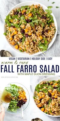 A warm comforting Fall Farro Salad Recipe that's filled with nutty farro, roasted butternut squash, cranberries, pepita seeds, arugula and a maple dijon dressing. If you're in need of an epic side dish this holiday season, this farro salad is it!  #thanksgiving #sidedishes #ancientgrains #vegetarian #vegan #butternutsquash