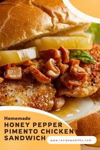 Dive into layers of flavor with this honey-glazed, peppery chicken sandwich topped with creamy pimento cheese. 🍴✨ #ChickenDelight #FlavorFusion #EasyMeals #SandwichPerfection

Ingredients:
🍗 Crispy chicken
🧀 Pimento cheese
🍯 Honey
🌶️ Cracked pepper