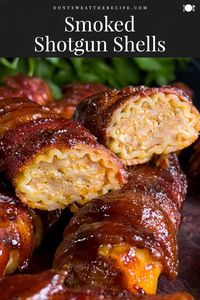 Smoked shotgun shells are manicotti stuffed with sausage and cheese, wrapped in bacon, smoked, and topped with barbecue sauce. An amazing smoked appetizer.