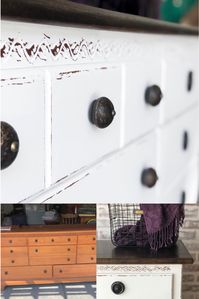 Love a distressed look on a white dresser with a natural top. It’s so clean and classic looking! Amazing before & after. #diy #chalkpaint #home #bbfrosch