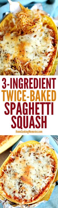 This Twice-Baked Spaghetti Squash recipe is an easy dinner idea that only needs 3-ingredients: spaghetti squash, mozzarella cheese, and your favorite pasta sauce. It's also meatless and frugal.