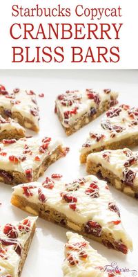 Cranberry Bliss Bars - Starbucks Copycat. Blondies with cranberries, white chocolate, orange, and cream chieese icing. #starbucksrecipes #holiday #holidayrecipes #recipes #blondies #desserts #dessertrecipes #cranberries #cranberry #cranberryrecipes