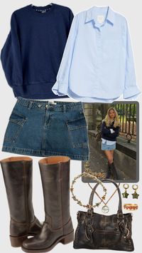 fall outfit inspo with denim skirt, crewneck sweater, button down, leather boots and bag, and gold jewelry