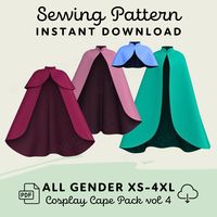 ‼️ BIG SALE ‼️  Save 60% on all orders of 5+ patterns! Code: 3FREE Save 70% on all orders of 10+ patterns! Code: BUY10 Cosplay Cape Pack vol 4 ➽ INSTANT DOWNLOAD Create a hooded cape for a Renaissance Faire, LARP, princess outfit, wedding cape, fantasy costume, elven outfit, anime cosplay, or for your favorite cloaked character! Pattern includes PDF files in 8 sizes for capes in 3 lengths (Capelet, Tea Length, Full Length) with a rounded standing collar. This cape pack features curved, high-low