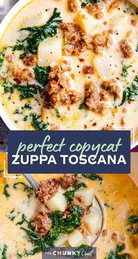 The BEST copycat zuppa toscana soup, made with spicy crumbled sausage, silky potatoes, and an ultra creamy broth.  Bacon and kale put the finishing touch on this Olive Garden copycat recipe! #soup #souprecipe #copycat #zuppatoscana #olivegarden #slowcooker #crockpot #instantpot #pressurecooker #easyrecipe #weeknightmeal