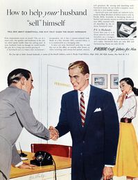 "Original 1954 ad for Pacific Craft Fabrics.   How to help YOUR husband \"sell\" himself...  A sharp dressed man is ready for his big interview thanks to his Surretwill suit from Pacific Craft Fabrics.  It could be that the woman is the boss and is observing how the man greets her receptionist... * Great vintage magazine ad (not a reproduction) * Published in March, 1954 * Page measures 10.15 x 13\" * Excellent condition with bright gold, navy, and red tones * Amazing art by Stan Klimley * Hide print from the other side with dark paper This would be a great gift for an HR manager or recruiter to display in their office.  The colors, the retro vibe, it's very whimsical and fun. ➤  FREE US SHIPPING OVER $35 * Flat rate shipping on smaller orders. * Ships via USPS First Class Mail in a heavy