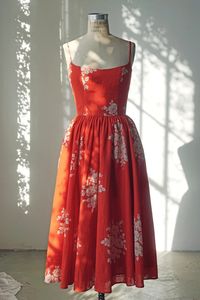 Linen Vintage Floral Midi Fit and Flare Dress, Sleeveless, Fitted Bodice, Corset, Wedding Guest, Circle Skirt, Cottagecore, Coquette, Red - Etsy