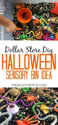 This Halloween Sensory Bin Activity is perfect for learning at home & the classroom. Tons of Halloween Sensory bin filler ideas for the preschool or early childhood setting. It's easy to make and most of the supplies can be found at the Dollar Tree! #halloween #sensorybin #sensory play #teaching #preschool #kindergatrten