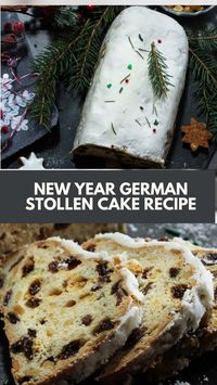 New Year German Stollen Cake recipe made of dried fruits, nuts, spices, and marzipan, all coated in powdered sugar serves 12 and takes about 1 hour to prepare and bake. Perfect for holiday festivities, adding tradition and sweetness.