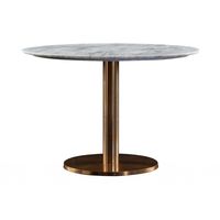 A timeless, classic dining table. Spun aluminium base with polished brass finish. Solid Marble top with painted wooden support to underside.