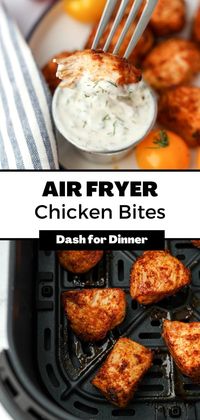 Looking for air fryer chicken recipes? You need this delicious (and healthy) recipe for Air Fryer Chicken Bites. Made with just a few simple seasonings, these unbreaded chicken nuggets are perfect dipping into yummy ranch, bbq, or honey mustard. Better yet, they can be used as chicken meal prep and added to salads, wraps, rice bowls, and more!