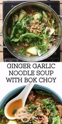 Ginger Garlic Noodle Soup with Bok Choy is a nutritious, comforting, and flu-fighting twenty-minute recipe made with a vegetarian broth, noodles, mushrooms, and baby bok choy. You can easily make this Bok Choy Soup your own by adding chicken, shrimp, spicy chilis, or other veggies.