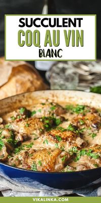 This succulent Coq au Vin Blanc or chicken in white wine is made with chicken and cremini mushrooms that are slowly simmered in white wine and a splash of cream. If you are craving a bit of comfort food with a touch of elegance, this French recipe for chicken, slowly simmered in white wine, is for you.