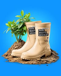 Rain Boots on a Soil with Plants Mockup