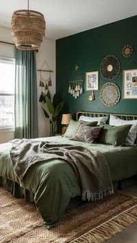 Transform your boho bedroom with stylish green accent walls. Pair sage green curtains, olive green bedding, and hunter green accents for a cozy, chic look. Perfect for modern green bedroom ideas.