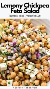 This lemony chickpea feta salad is a super simple and incredibly satisfying summer ready salad that is picnic ready! Made with sturdy chickpeas or garbanzo beans, bright and briny feta cheese, fresh herbs, and a simple lemony vinaigrette. Ready in less than 20 minutes and absolutely packed with flavor! Gluten free, vegetarian, and vegan option.