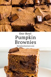 These Pumpkin Brownies are not only delicious but also simple to prepare in just one bowl. Rich and fudgy, they're crafted with wholesome ingredients and contain less sugar than typical brownie recipes, making them the ideal fall dessert.