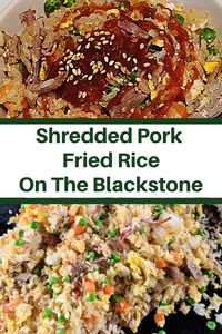 This Shredded Pork Fried Rice Recipe On The Blackstone is perfect to make with leftover smoked pulled pork! The smoke flavor adds to the fried rice! Fried rice is an easy weeknight dinner that is easy to make on the Blackstone griddle! via @guywhogrills