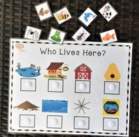 Who Lives Here?  Find the Animal that Lives in the Home on the mat. Match the animals to their homes.Teaching word associations increases receptive and expressive vocabulary skills and establishes prerequisite skills for compare/contrast, analogies, and categorization.Included:Mat containing 8 Animal Homes8 Animal CardsTarget:Associations: Animals and HomesVocabulary: pond/frog, coop/chicken, barn/cow, beehive/bee, anthill/ant, ocean/dolphin, web/spider, aquarium/fishSorting: field of 8Fine Moto