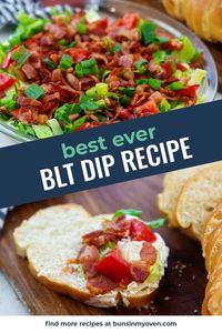 This BLT dip recipe is made with cream cheese, mayo, bacon, lettuce, and tomato. It's perfect with crostini, chips, and crackers. Make this to bring to a potluck or serve as an appetizer.