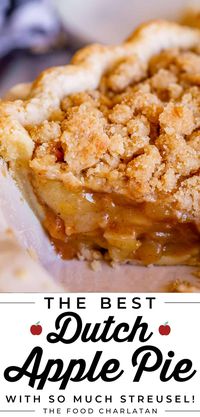 Dutch Apple Pie Recipe from The Food Charlatan. This Dutch Apple Pie Recipe has the BEST apple flavor! A flaky, buttery crust on bottom, cooked apple filling in the center, and the most amazingly golden-crisp, buttery crumb streusel topping! This pie is adapted from one of my top performing recipes, traditional Apple Pie. You are going to love it! I'll show you just how to make it with step by step photos. This pie is perfect for Thanksgiving, Christmas, pretty much any holiday! Easy to make!