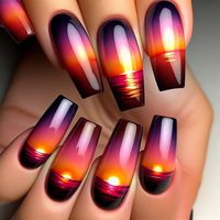 A close-up view of coffin-shaped nails featuring warm sunset gradients that evoke the beauty of an evening sky. Each nail displays a smooth transition of colors, from deep purples and fiery oranges to soft pinks, mimicking the breathtaking view of a setting sun. The glossy finish enhances the depth and warmth of the colors, creating a mesmerizing effect.