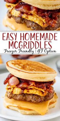 These easy homemade McGriddle breakfast sandwiches are a tasty and fun way to change up your breakfast routine. They’re also great for feeding a hungry crowd, and can be customized to each person’s taste. They're freezer friendly and have a gluten-free option! #homemademcgriddle #breakfastssandwiches #freezerbreakfastsandwich #mealprepbreakfast