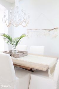 Easy DIY Beachy Boho Driftwood Wall Hanging | House Full of Summer blog - coastal dining room ideas, coastal crafts, coastal diy, white slipcovered dining chairs, trestle table, white chandelier, boho chic, beachy boho decor, wall decor, decorating on a budget, unique wall decor ideas