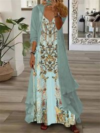 Half Sleeve V-Neck Graphic Printed Two Pieces Maxi Dress