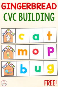 Free printable CVC word building activity for your gingerbread theme literacy centers in kindergarten and first grade. A fun way to learn CVC words this holiday season!