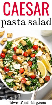 Kale Caesar Pasta Salad | Midwest Foodie | Do you have 20 minutes to prep healthy lunches for the week? You'll love this pasta salad is loaded with kale and tossed in a yogurt based Caesar dressing! #midwestfoodie