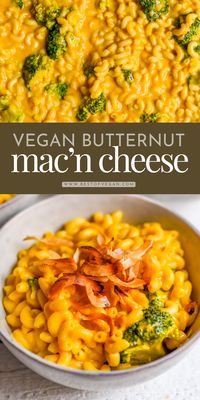 Looking for a comforting and cozy weeknight dinner that's also dairy-free? This vegan butternut mac'n cheese recipe is easy to make and ready in under 35 minutes. The recipe also includes fresh broccoli for some hidden greens, making this a great dish for kids as well. Need a gluten-free option? Instructions on how to easily make it gluten-free are included! #Vegetarian #PlantBased #DairyFree #VeganDinnerIdeas #EasyPastaRecipes #ButternutMacNCheese