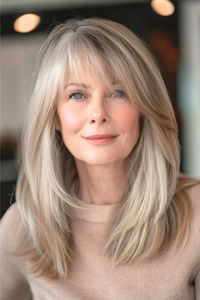 This fabulous mane has a cascade of buttery blonde wispy layers that provide fullness and add a youthful touch to the look. The long, side-swept bangs frame the face beautifully while allowing for versatile styling options. Click here to see more stunning hairstyles for women over 60 with bangs.