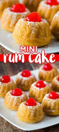 Mini rum cake is a delicious dessert for a special occasion. Made from a cake mix base the cakes are soaked in rum and topped with powdered sugar and cherries.  With rum in the cake batter and a tasty rum sauce topping these mini cakes are rich and delicious. 