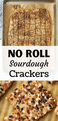 If you're looking for easy ways to use up leftovers sourdough starter, you have to try these easy spread-and-bake sourdough discard crackers! Made with just 3 ingredients and completely customizable, these no-roll sourdough crackers are SO easy to make and perfectly crispy. Top them with everything seasoning, or add garlic and parmesan cheese, herbs, and more.