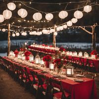 Red and white rustic wedding venue decor with lanterns