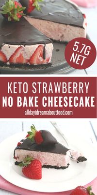 Strawberry season forever! This decadent no bake cheesecake features a creamy smooth strawberry filling, a grain-free chocolate crust, and a sugar-free chocolate topping. No need to heat up your oven!