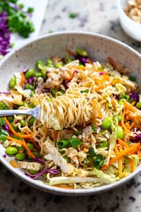 This cold ramen noodle salad is a nutritious blend of crisp vegetables, a sweet sesame-soy crunch topping, and a simple sesame soy sauce. This salad uses Instant ramen and is perfect for lunches and meal prep.