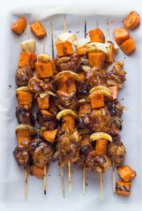 Chicken chunks + tender sweet potato kebabs in a spicy rub and sweet glaze. Grilled until melt in your mouth juicy good. Such an easy weeknight dinner! | littlebroken.com @littlebroken