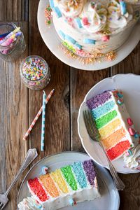 A fun and colorful rainbow cake for birthday parties or St Patrick’s Day! With fluffy vanilla buttercream flecked with sprinkles and Lucky Charms marshmallows, it’s so fun to cut the first slice and reveal the vivid rainbow cake layers hiding inside.  This is a high altitude tested vanilla cake recipe, or you can use your favorite vanilla cake recipe to make and decorate your own cake.