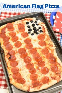 American Flag Pizza is the perfect idea for celebrating the 4th of July! It's easy to make, and kids go crazy for it! www.littlediaryontheprairie.com #pizza #fourthofjuly #starsandstripespizza #rhodes #frozendough