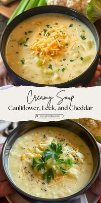 Creamy Cauliflower, Leek, and Cheddar Soup Ingredients: 1 medium head cauliflower, broken into florets 1 medium carrot, shredded 1/4 cup chopped celery 1 medium leek, cleaned and chopped 2-1/2 cups water 2 teaspoons chicken bouillon or 1 vegetable bouillon cube