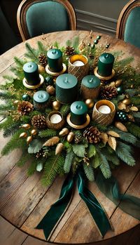 Add a touch of natural luxury to your holiday table with this Forest Green and Gold Christmas centerpiece. Featuring deep forest green candles in gold holders, intertwined with pine branches, golden acorns, and green velvet ribbons, this arrangement creates a rich, elegant, and festive look. Perfect for bringing a blend of nature and sophistication to your Christmas decor!