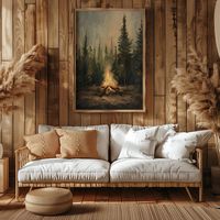 Rustic Campfire Oil Painting, Moody Pine Tree Poster Print, Camping Theme Wall Art, Cabin Wall Decor, Vintage Forest Painting, Dark Wall Art - Etsy