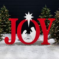 Add a touch of Christmas spirit to your outdoor decor with this set of three Decorative Letters. Standing at 46 inches tall, the letters feature a beautiful holy family and star silhouette, creating a lively and spiritual atmosphere. The all-in-one nativity scene serves as a classic centerpiece, reminding you of the true reason for the season. Crafted from sturdy and water-resistant PVC foam board, the set maintains a clean appearance throughout the holidays. Assembling the letters is a breeze w