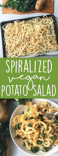 Make an impressive vegan side dish with a twist on classic potato salad! Break out your spiralizer and make this vegan spiralized potato salad with kale for your next cook out or BBQ! (Vegan Side Dish - Vegan BBQ Recipe) | karissasvegankitchen.com via @karissasvegankitchen