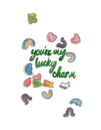 Lucky Charms "you're my lucky charm" Art Print is a print of a my hand drawn, watercolor painting. It features the quote "you're my lucky charm" with a pile of Lucky Charms marshmallows. The perfect St. Patrick's day print! It is printed on a cold press, watercolor textured paper. Acid free, archival, and very sturdy with a matte finish. They are quickly shipped in both a plastic protective sleeve and a rigid mailer to ensure its safety during shipping. Each print is made to order- printed, cut,