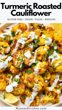 Turmeric roasted cauliflower is a vibrant, healthy veggie recipe that is bursting with flavor! Made with cauliflower florets and a simple spice blend, it's the perfect easy side for any meal. Easy to make and so delicious. Gluten free, vegan, dairy free, vegetarian, paleo, and Whole30 compatible.